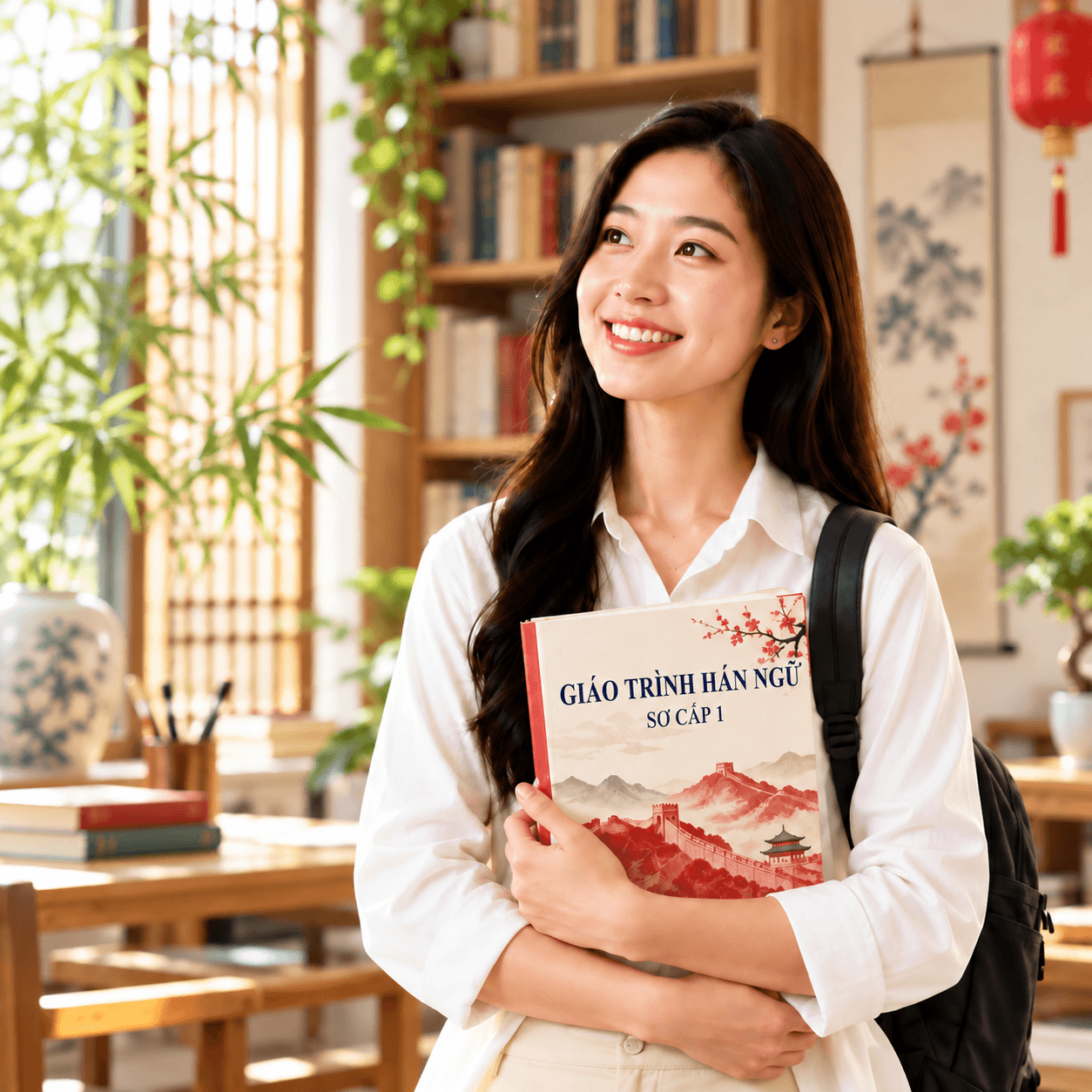 Học viên Việt Anh Hoa cầm giáo trình trong không gian học tập